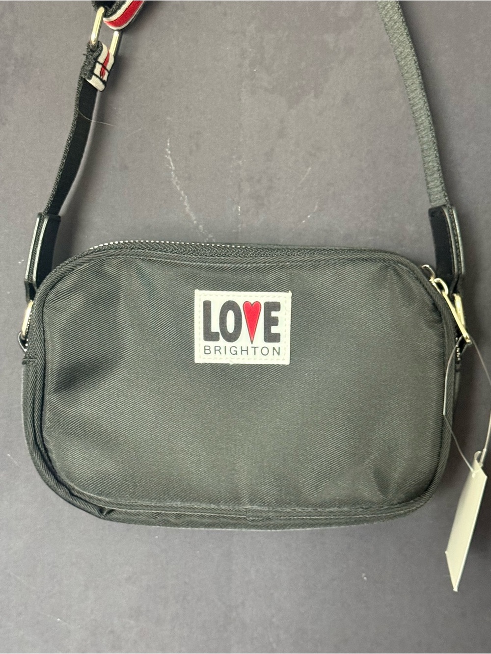 NWT Brighton Black LOVE Crossbody Belt Bag with Red Heart Accent